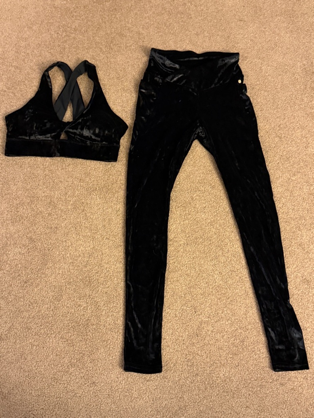 Fabletics Black Crushed Velour High-Waist Legging and Crop Top